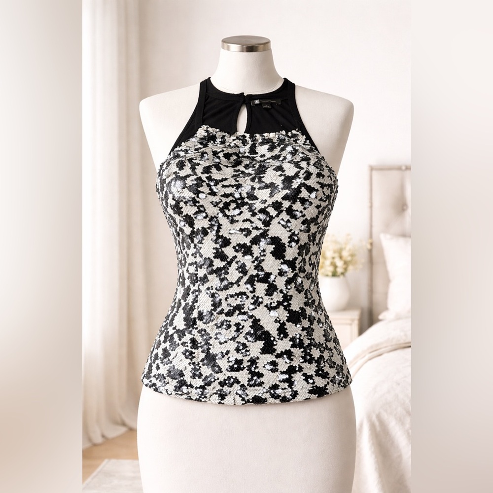 Sequin Halter Tank Top in Black & White